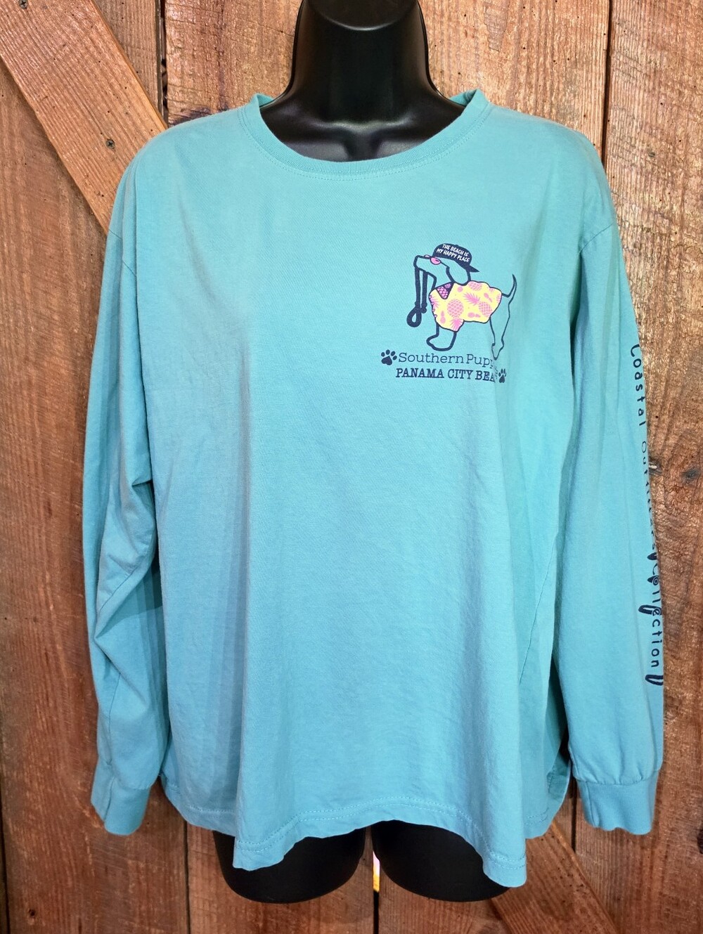 Vintage Southern Puppy Panama City Beach Long Sleeve T-Shirt Womens Medium Teal